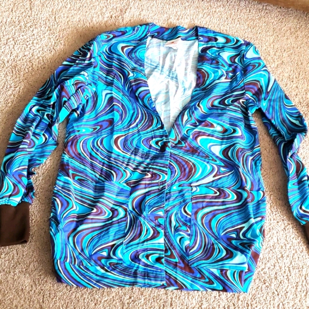 Peaches Scrub Jacket S Blue Swirl Print Medical Nurse Lightweight